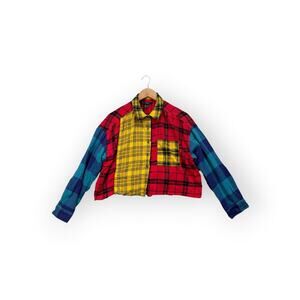 Plaid Patchwork Colorblock Cropped Flannel Top Women's Festival Fashion sz L